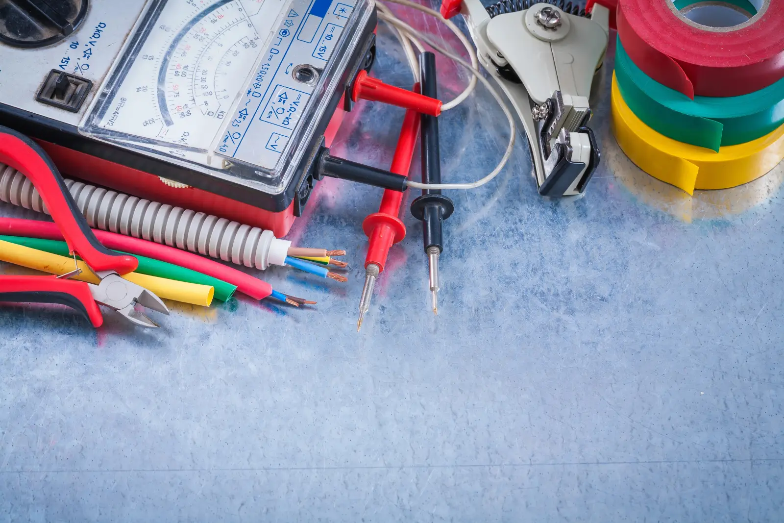 Outils d’électricien — multimètre, pinces et connecteurs sur un établi